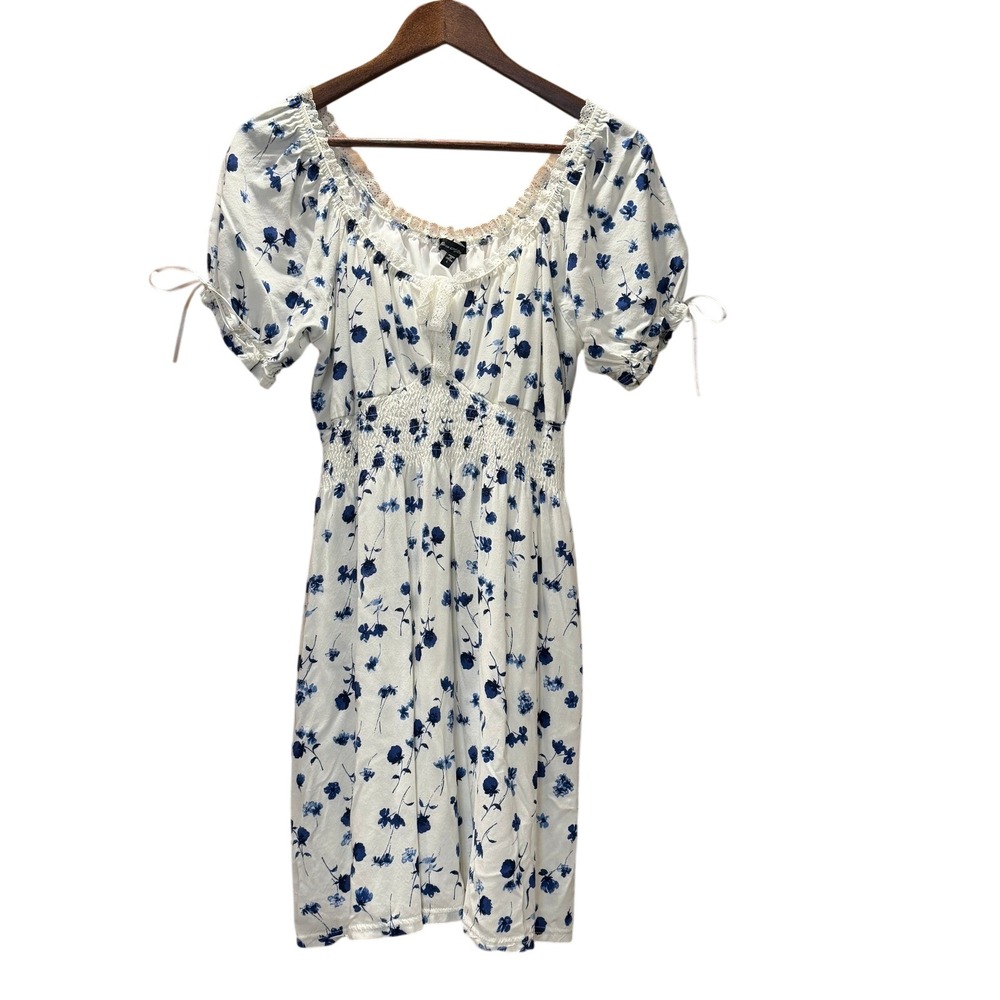 Ever After Large Blue Floral Mini Dress White Lace Trim Milkmaid Cottagecore